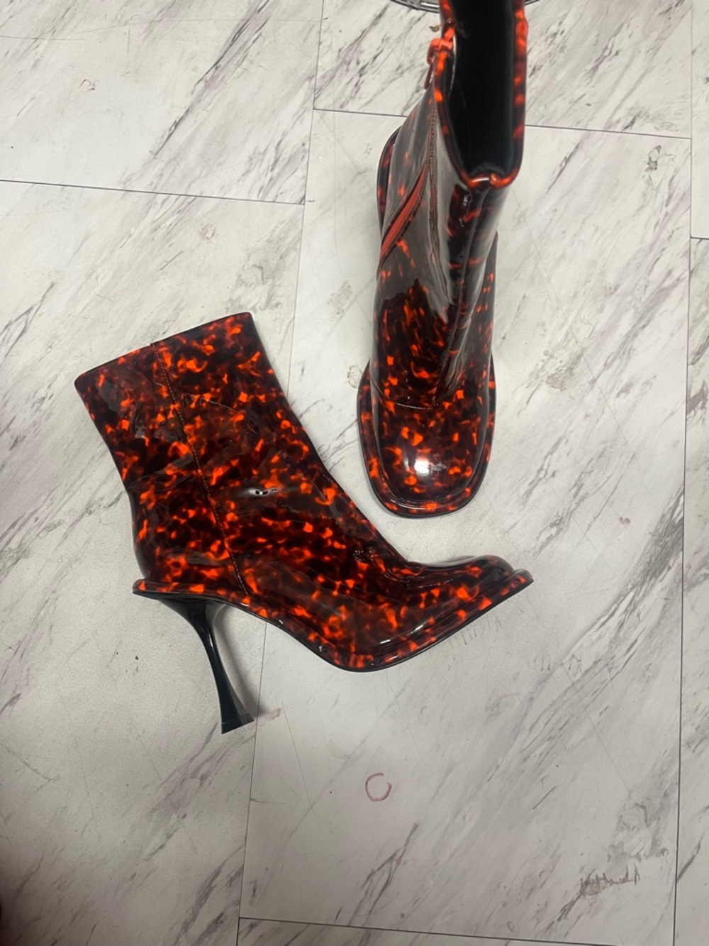 Vintage Tortoiseshell Patent Ankle Boots in Red-Brown